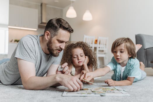 A father and two children engaged in solving a puzzle on the living room floor, fostering family bonding.
